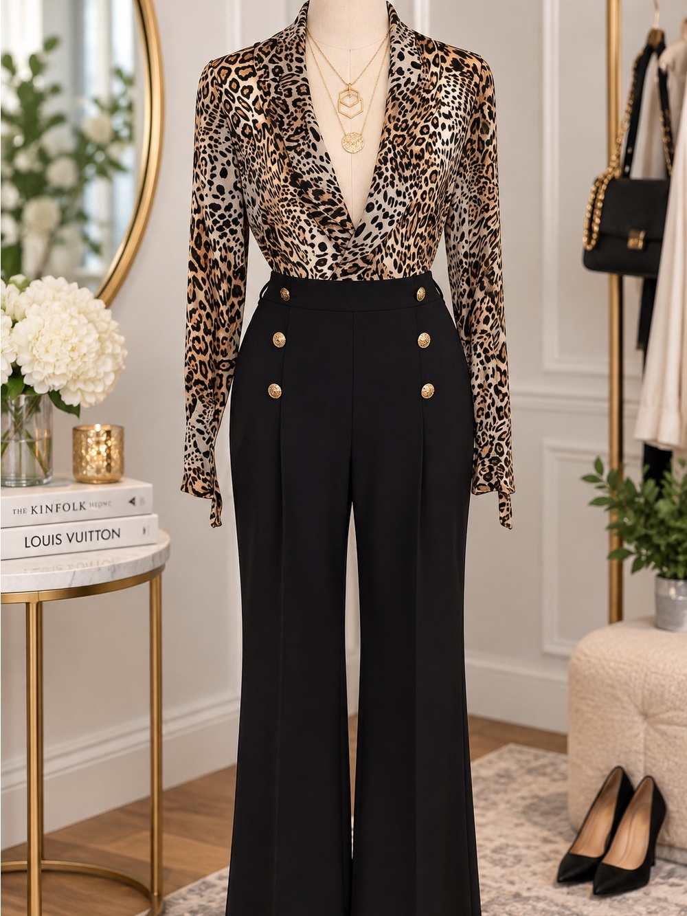 2 piece Cache Leopard Print Low Cut Bodysuit Blouse and Black Pants